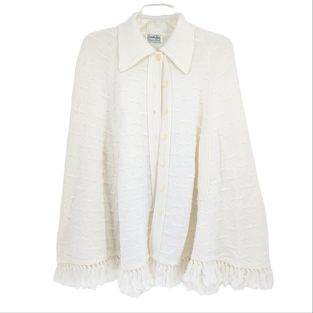 Vintage 1970s Cuddle Knit Ivory Colored Bow Knit Poncho Fringe Cape Shawl